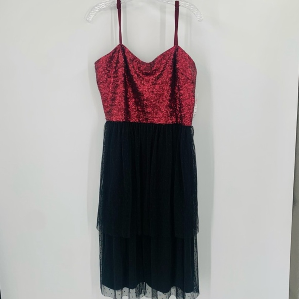 DRESS THE POPULATION Kady Dress Womens Size XXL Merlot Red Sequin Midi Tulle Dot